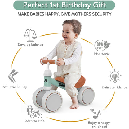 Toddler balance bike for 1 year and up, with 4 wheels for 10-24 month old babies. First ride-on bike for boys and girls as a gift - light green.