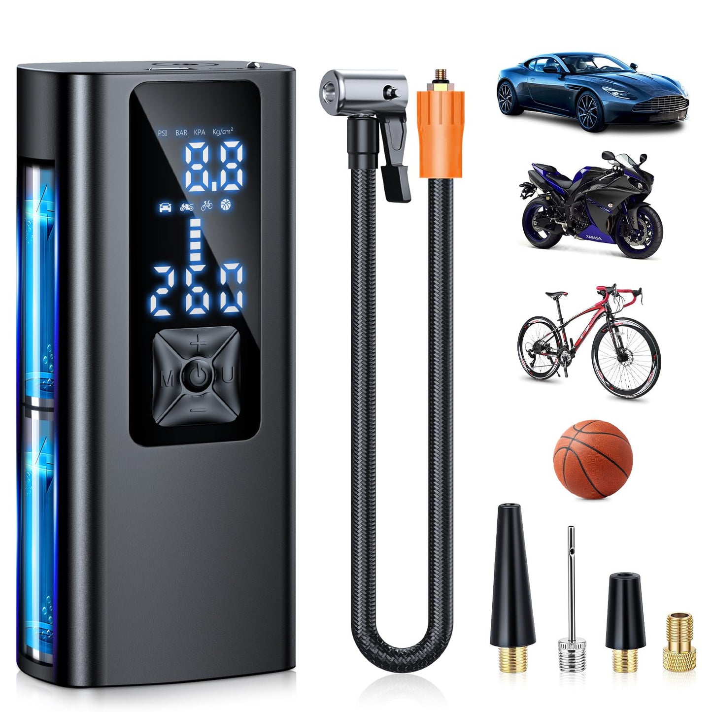 Suafsu Electric Air Pump Bike Battery Compressor - 150 PSI Mini Portable Bike Pump Air Compressor For Car, Motorcycle, Bike, Balls, rechargeable via USB-C, also serves as a flashlight and power bank.