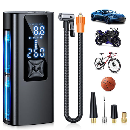 Suafsu Electric Air Pump Bike Battery Compressor - 150 PSI Mini Portable Bike Pump Air Compressor For Car, Motorcycle, Bike, Balls, rechargeable via USB-C, also serves as a flashlight and power bank.