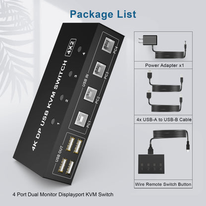 Yeemie Pro 4 Port 4K@60Hz Dual Monitor DisplayPort KVM Switch allows 4 PCs to share 1 set of keyboard, mouse, and 2 monitors with toggle switch, remote control, black.