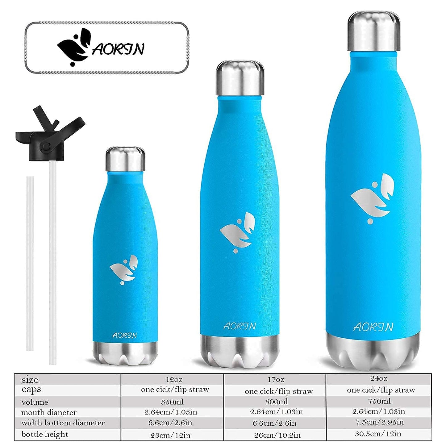 AORIN Vacuum Insulated Water Bottle - 500ml - BPA-Free, 24 Hrs Cold & 12 Hrs Hot, Ideal Thermos Bottle for Kids, School, Sports, Outdoor, Bike, Fitness
