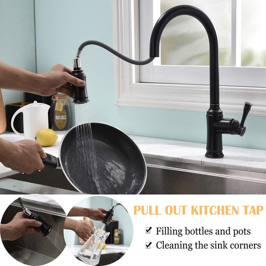 PHASAT Kitchen Faucet Pull Out Sprayer Sink Faucet with 360° Swivel 2 Functions for Kitchen, Oil Rubbed Bronze KZ06