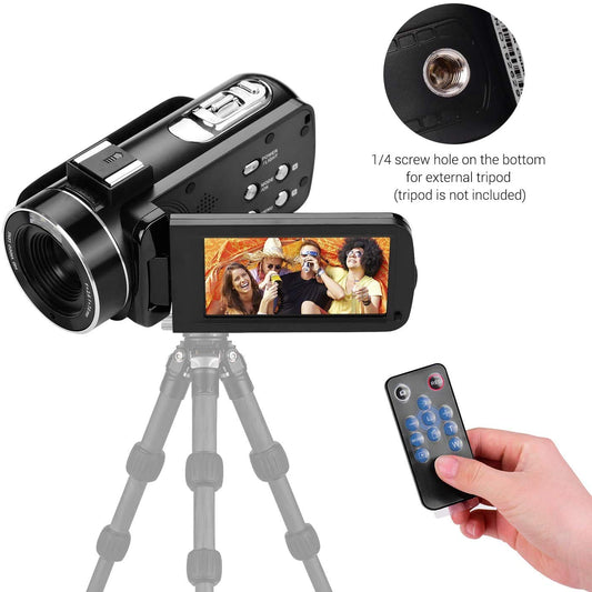 Andoer HD video camera, 4K video camera, Full HD, CMOS sensor, 18x digital zoom camera, 3.0 inch LCD, with 0.45x wide-angle lens and microphone.