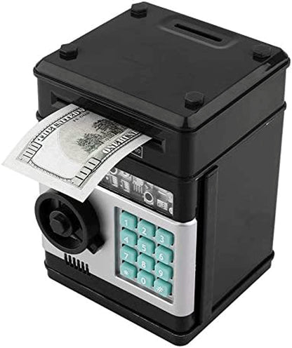 Electronic piggy bank money coin jar money safe car insert bills safe box password ATM bank saver, cartoon safe bank box perfect toy gifts for boys girls (black)