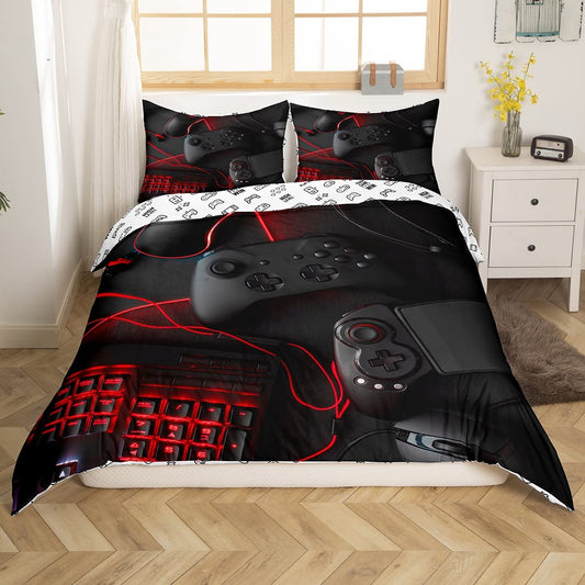 Loussiesd Black Gamepad Bedding 155x220cm Boys Teen Game Theme Duvet Cover Set Modern Game Controller Bedding Black Red Gamer Decorative Bedding Set Polyester for Kids Men