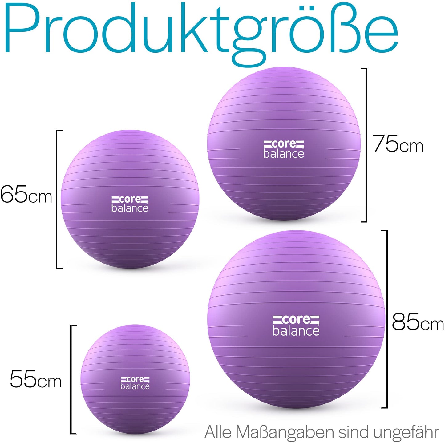 Core Balance, burst-resistant exercise ball - for fitness yoga pregnancy - 55cm 65cm 75cm 85cm - includes air pump.