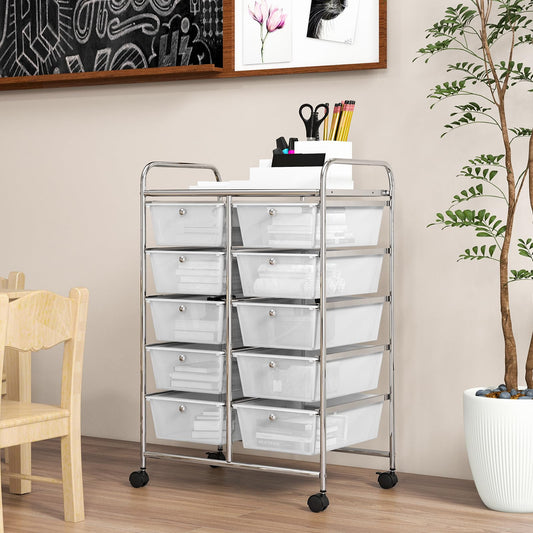 COSTWAY rolling cart with 10 stackable drawers, drawers cart with metal frame and shelf, bathroom trolley storage cart for office, living room, 65.5 x 37 x 87 cm.