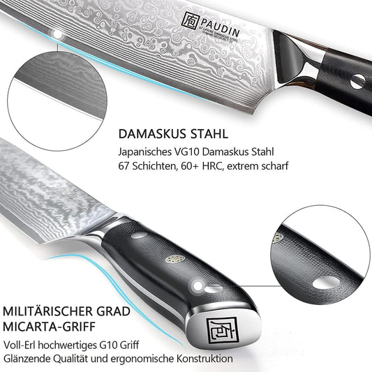 PAUDIN 8 inch Damascus Chef Knife, Kitchen Knife with Ergonomic G10 Handle, Sharp Japanese VG10 Steel Blade.