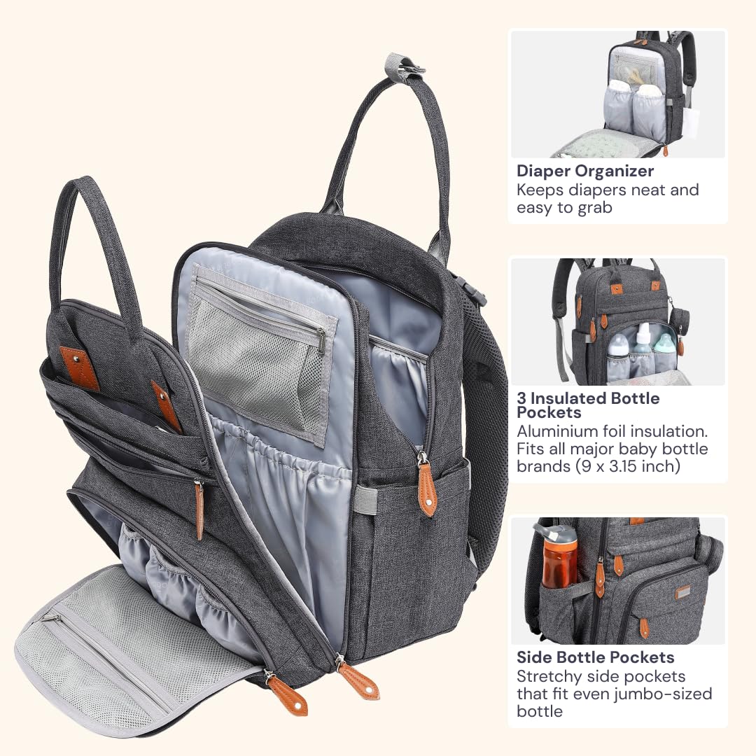 BabbleRoo Diaper Bag Backpack - Large capacity, 17 pockets, water resistant - with changing pad, detachable pacifier holder, stroller straps - Travel backpack for Mom & Dad