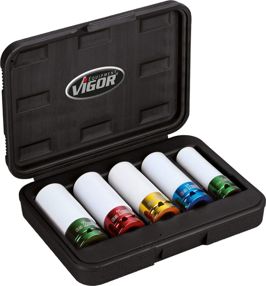 VIGOR V2257 Impact Wrench Socket Set | 1/2 inch drive, 15 - 22 mm socket size, with plastic sleeve | gentle tire mounting on aluminum wheels
