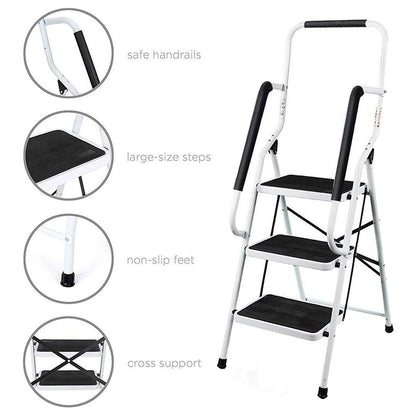 3-step folding step ladder with handrail. Compact, sturdy design features high-quality steel steps with non-slip treads for use at home, in the office, or in the kitchen.