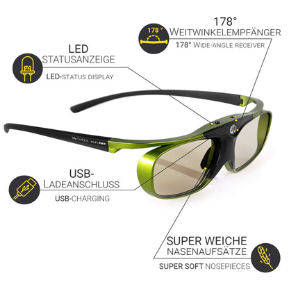 2X Hi-Shock DLP Pro Lime Heaven | DLP Link 3D active glasses for 3D DLP projectors from Acer, BenQ, Optoma, Viewsonic | compatible with PPA5610 / E4W [96-200 Hz | battery-operated | 32g | rechargeable]