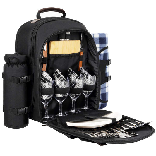 Sunflora picnic backpack for 4 people with blanket Picnic basket set for 2 with insulated cooler Wine bag for family couples (Black)