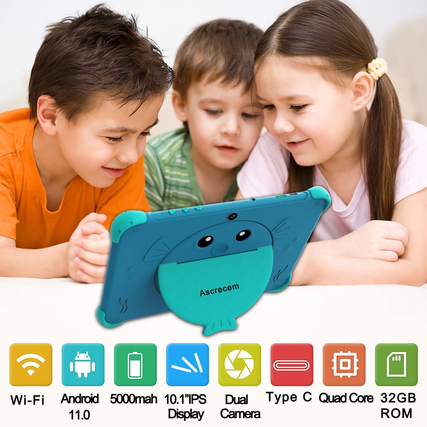 Ascrecem Kids Tablet 10 Inch Android Tablet with WiFi Dual Camera IPS Display 2GB 32GB ROM, Learning Children's Tablet for 3-14 Years Old, Toddler Tablets PC with Kid-Proof Case Kids Software (Blue)