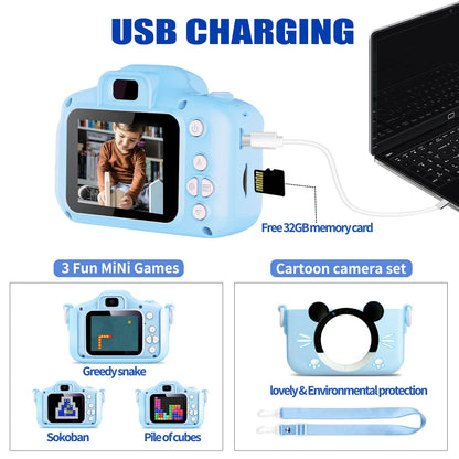 Kids camera, mini digital camera, rechargeable, camcorder, photo and video, gift for girls and boys ages 6+, with 32GB card/1080P HD/silicone protective case, shockproof (blue)