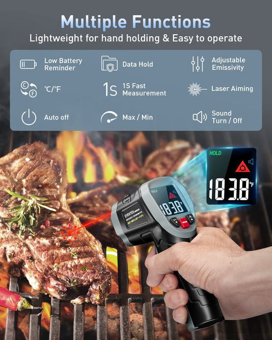 Eventek Infrared Thermometer, [3 in 1] -50°C～600°C (-58°F~1112°F), IR Pyrometer Non-Contact Digital Laser Temperature Gun with Meat Thermometer & Case, for Kitchen/Barbecue/Industry.