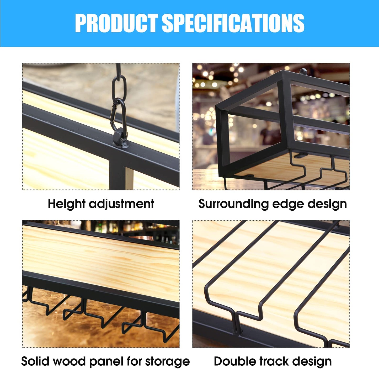 DSVONAUS Ceiling Shelf Wine Rack with Glass Holder, Hanging Metal Wine Bottle Holder, Adjustable Height Industrial Ceiling Wine Rack, Ceiling Decor Shelf for Bars, Restaurants, Kitchens (140×25×100cm)