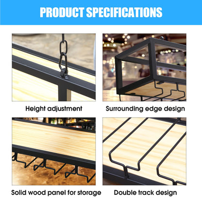 DSVONAUS Ceiling Shelf Wine Rack with Glass Holder, Hanging Metal Wine Bottle Holder, Adjustable Height Industrial Ceiling Wine Rack, Ceiling Decor Shelf for Bars, Restaurants, Kitchens (140×25×100cm)