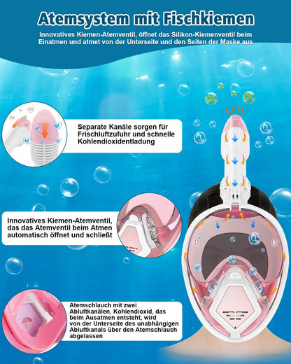 Adult snorkel mask, diving equipment for men with fish gill design. Compatible with sports cameras, foldable sunglasses, 180-degree view. Includes glasses holder. (M-Pink)