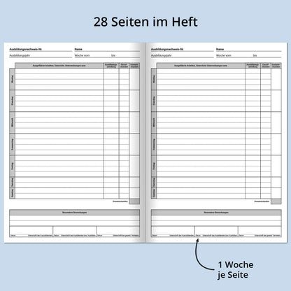 Internship/Training Report Book - DIN A4, 28 pages, daily/weekly entries, one week per page, from Monday to Sunday...