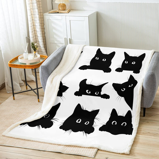 Tbrand Black Cat Print Throw Blanket for Girls Kids Pet Cats Pattern Flannel Fleece Blanket Cute Cats Animal Theme Soft Blanket 150x200cm for Couch Bed Sofa Black White