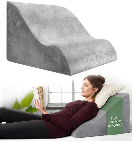 Ergonomic reading pillow for bed and sofa - Comfortable back pillow with memory foam - Usable as reflux pillow, wedge pillow bed, bed pillow backrest while sitting and lying, GRAY