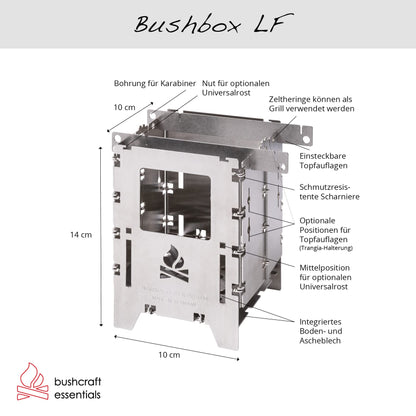 BUSHBOX LF outdoor stove | hobo stove | camping | wood | gas | alcohol | foldable | compact | stainless steel | 100% Made in Germany.