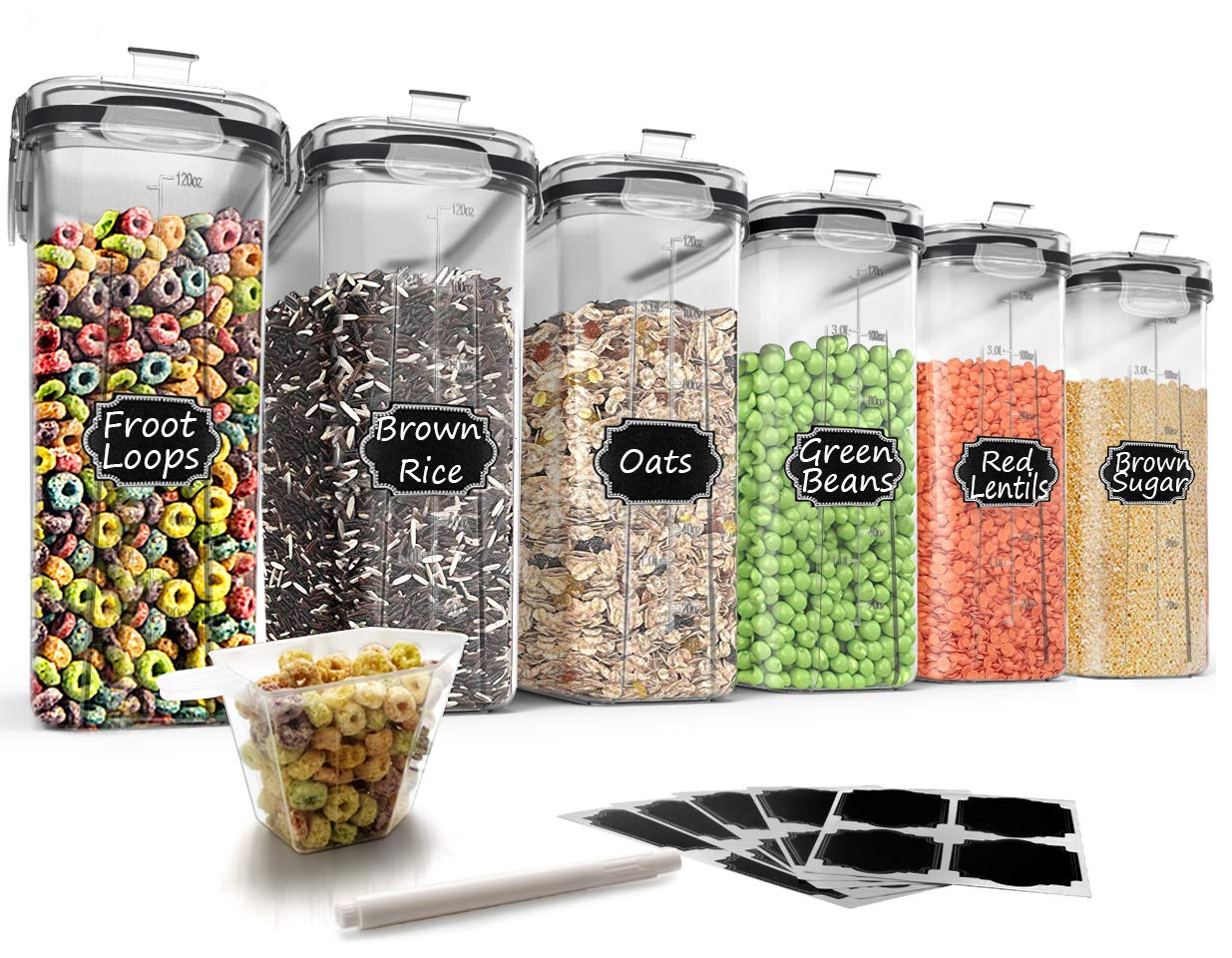 Wildone Plastic Cereal Container Set, 6 Large (16.9 Cups, 384 ml), Airtight Food Storage Containers - Leak-proof, BPA-free Cereal Dispenser | Flour, Dry Food with Black Lid