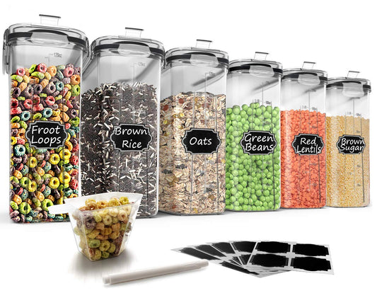 Wildone Plastic Cereal Container Set, 6 Large (16.9 Cups, 384 ml), Airtight Food Storage Containers - Leak-proof, BPA-free Cereal Dispenser | Flour, Dry Food with Black Lid
