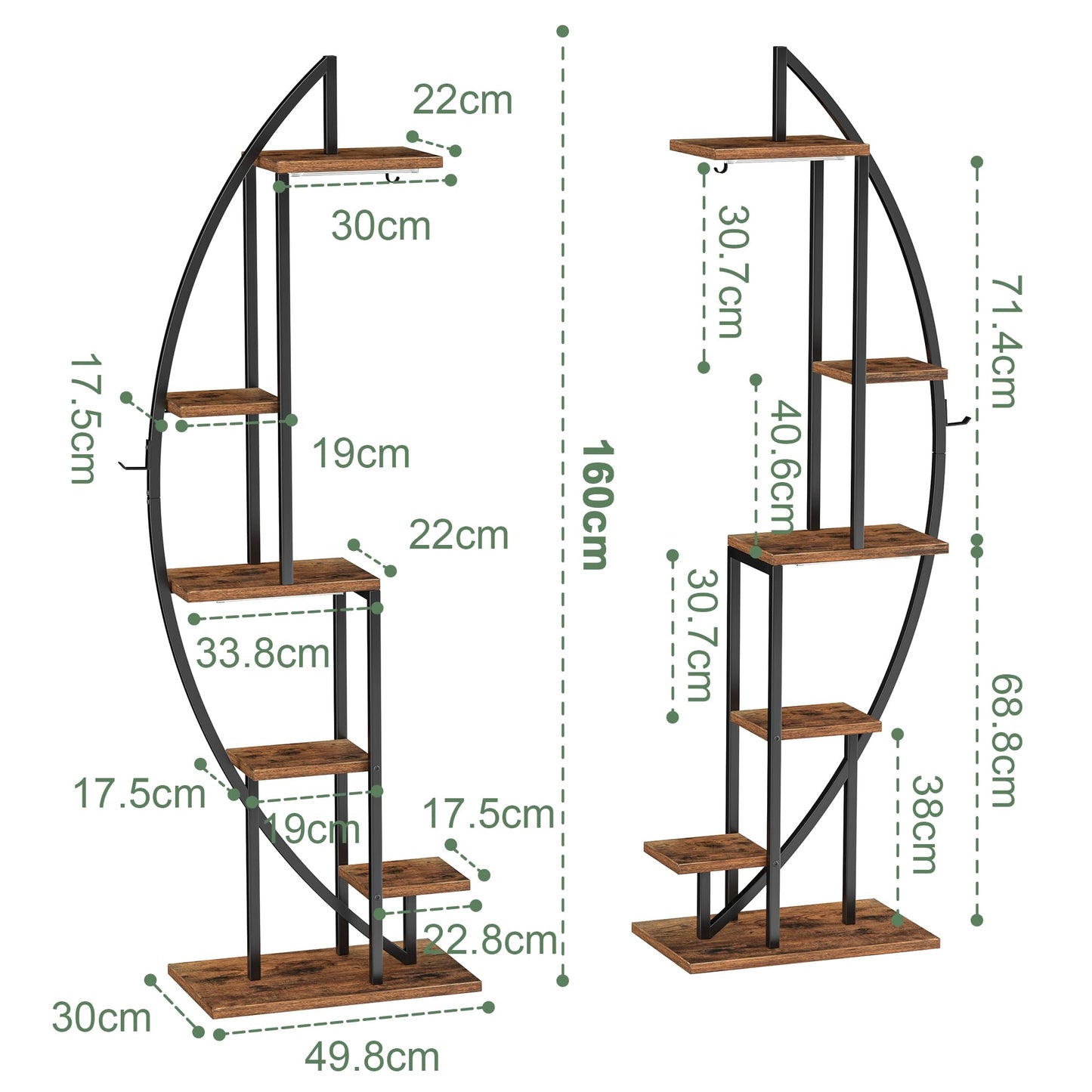 BACEKOLL 6-tier Flower Stand 160cm - Metal-Wood Plant Shelf - Indoor & Outdoor Flower Ladder - Decorative Black Flower Rack for Indoor Garden Balcony 2 PCS (No Light)