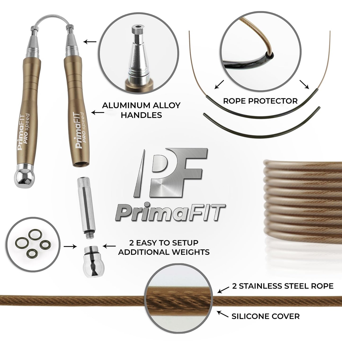 PrimaFIT Adult Fitness Pro Speed Jump Rope 3m Adjustable with Weights, 2 Ball Bearings & Anti-Slip Handles, Professional Skipping for Boxing, MMA, Crossfit. Extra Steel Cable and Bag included.