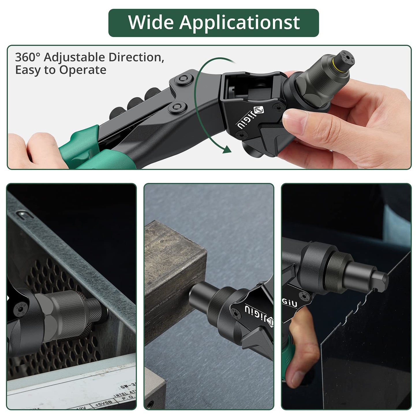 JiGiU Rivet Nut Tool 360° Rotating Head 3 IN 1 Rivet Nut Gun Rivet Tool Kit with 4 Metric Mandrels M3-M6, 4 Nosepieces 2.4-4.8mm, 2 Rivet Drills Riveting Tools Rivet Set All in Box (40 Nuts & 40 Rivets)