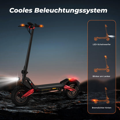 Street-legal e-scooter with 80-100 km range, 48V 15Ah battery, 10-inch off-road pneumatic tires, ABE electric scooter with dual suspension, foldable design, off-road capable for up to 150 KG, LED lights, app connectivity.