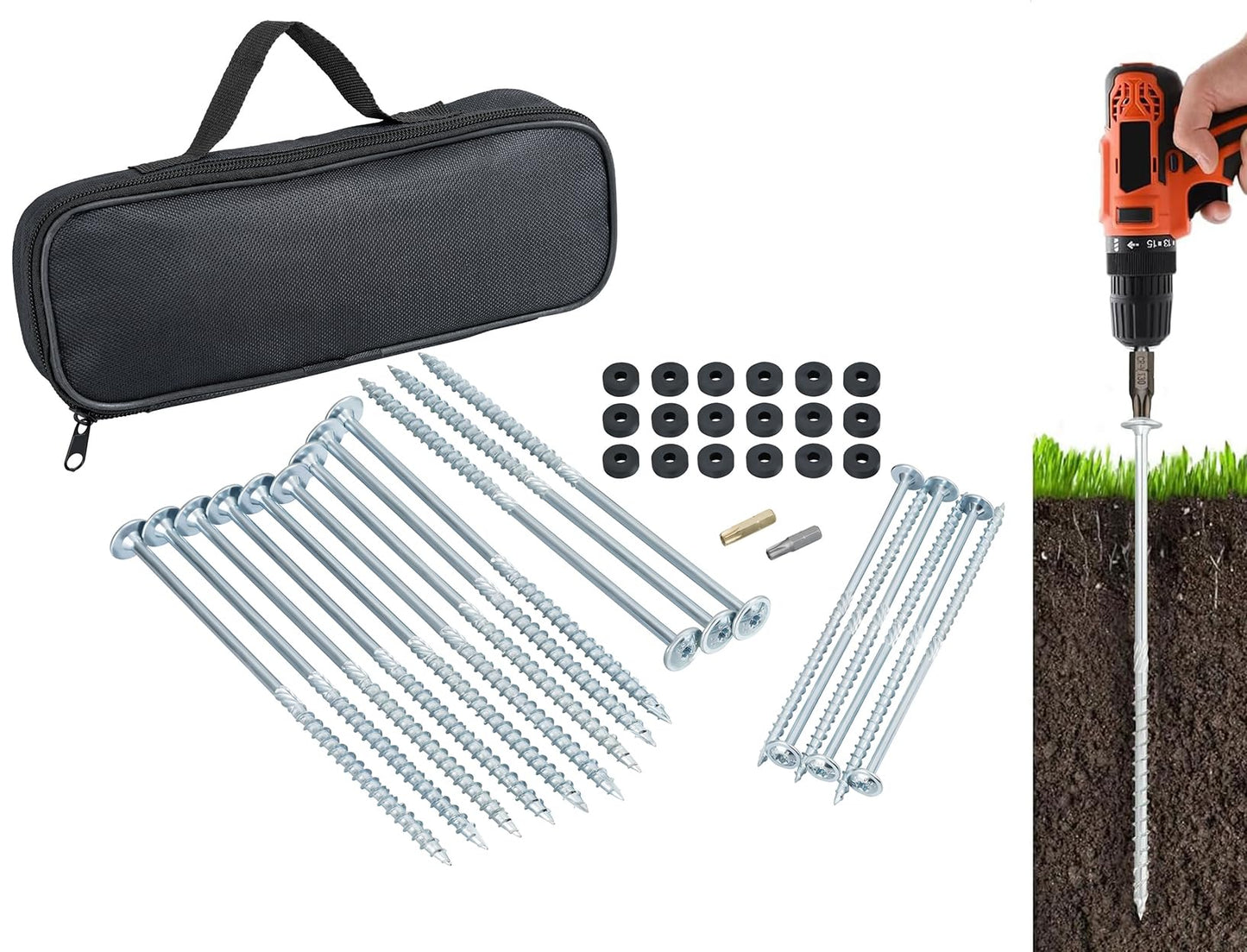 18 screw-in tent pegs with bit attachment and 18 washers in a transport box for camping, tent anchoring, RV awning, or storm securing in silver.
