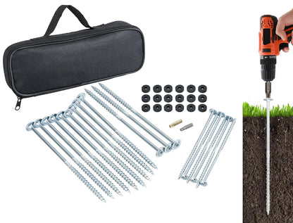 18 screw-in tent pegs with bit attachment and 18 washers in a transport box for camping, tent anchoring, RV awning, or storm securing in silver.