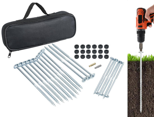 18 screw-in tent pegs with bit attachment and 18 washers in a transport box for camping, tent anchoring, RV awning, or storm securing in silver.