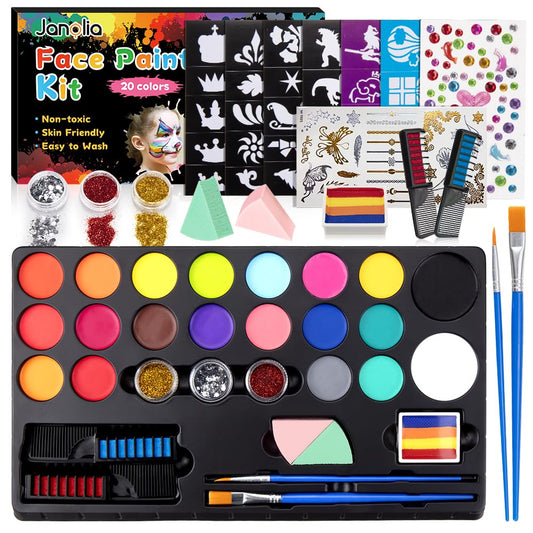 Janolia Face Paint Kit for Kids, Body Painting Colors for Theatrical Makeup, Water-based Kids Makeup, 20 Colors Halloween Carnival Face Paint, Perfect for Halloween and Carnivals.