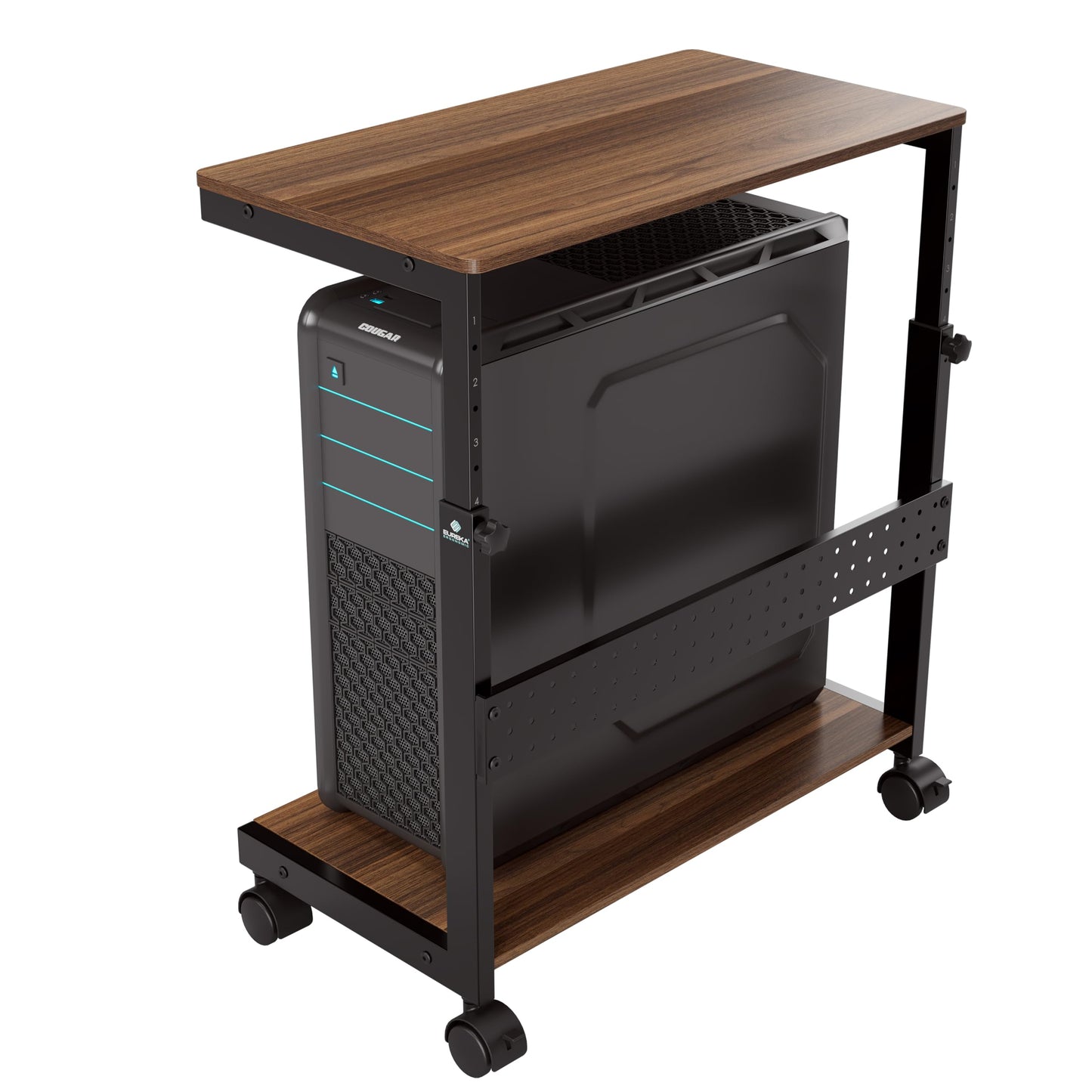 EUREKA ERGONOMIC Adjustable PC Tower Stand, ATX Case CPU Holder PC Cart, CPU Stand with Wheels and Mouse Pad, Walnut Color.