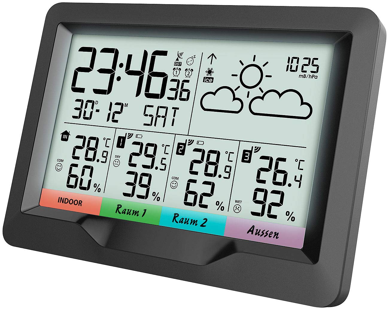infactory Weather Station 3 Sensors: Wireless weather station; 3 wireless sensors; indoor/outdoor; XL display; Alarm clock (wireless thermometer with 3 sensors, wireless weather station with 3 sensors, digital wall clock)