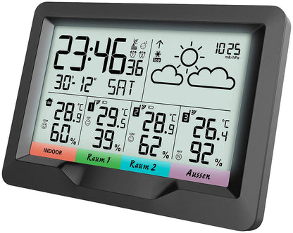 infactory Weather Station 3 Sensors: Wireless weather station; 3 wireless sensors; indoor/outdoor; XL display; Alarm clock (wireless thermometer with 3 sensors, wireless weather station with 3 sensors, digital wall clock)