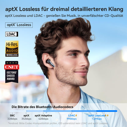 EarFun Air Pro 4 Bluetooth headphones with Adaptive Hybrid Noise Cancellation, aptX Lossless, Hi-Res Audio, LDAC, 6 microphones cVc 8.0 AI calls, 52H battery life, Multipoint, Bluetooth 5.4, In Ear Detection.