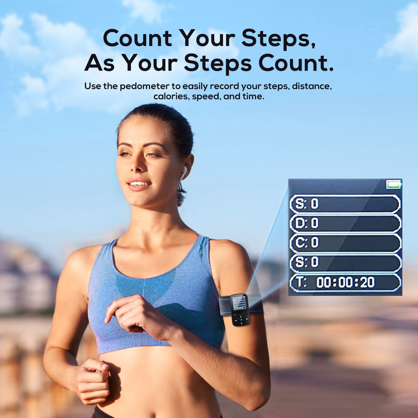 Etacé MP3 player with Bluetooth 5.3, sports music player with 16GB internal storage, FM radio, e-book, pedometer, voice recording, and support for up to 128GB TF/Micro SD card.