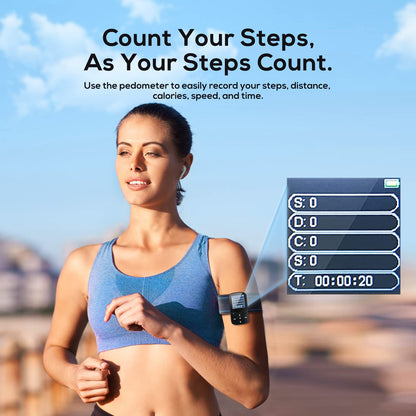 Etacé MP3 player with Bluetooth 5.3, sports music player with 16GB internal storage, FM radio, e-book, pedometer, voice recording, and support for up to 128GB TF/Micro SD card.
