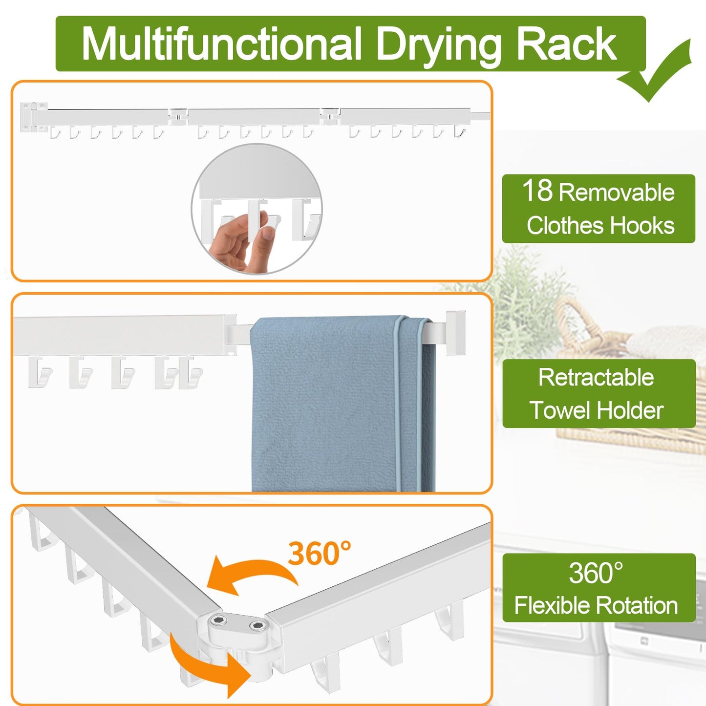 Kelisiting retractable clothes drying rack, 2-folded, white, space-saving, foldable, durable, for laundry, balcony, bathroom, patio, dorm, apartment.