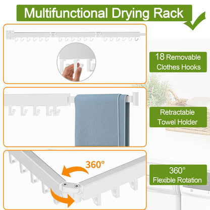 Kelisiting retractable clothes drying rack, 2-folded, white, space-saving, foldable, durable, for laundry, balcony, bathroom, patio, dorm, apartment.