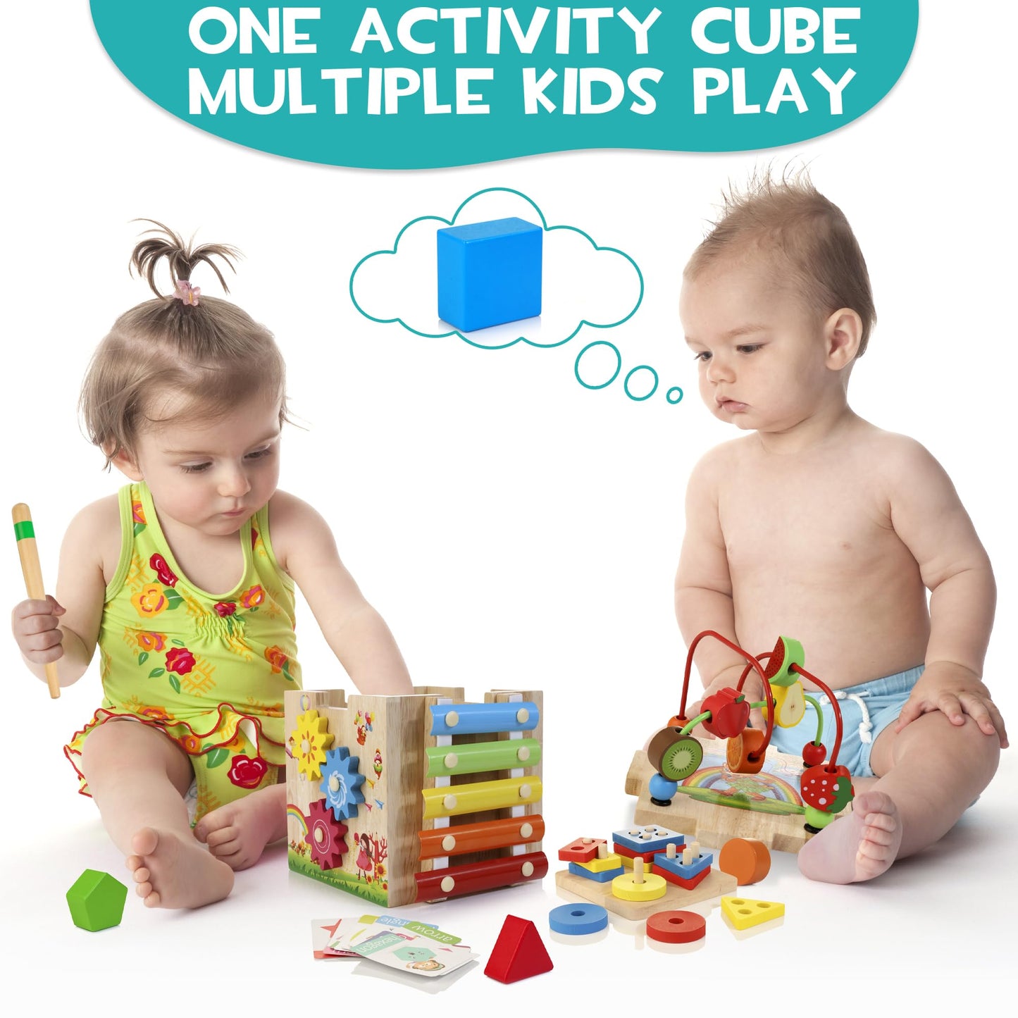 HELLOWOOD wooden activity cube 8 in 1 motor skills toy with stacking and sorting board word cards (in English) Montessori educational toy for toddlers babies 18 months and up