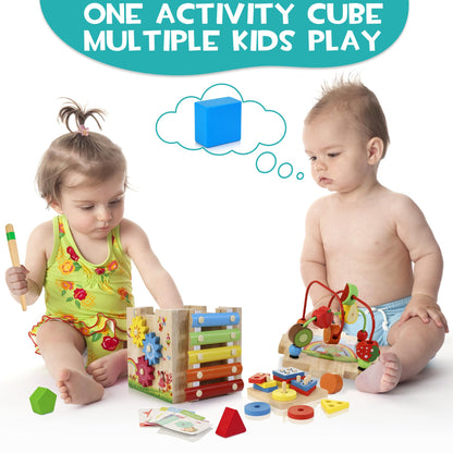 HELLOWOOD wooden activity cube 8 in 1 motor skills toy with stacking and sorting board word cards (in English) Montessori educational toy for toddlers babies 18 months and up