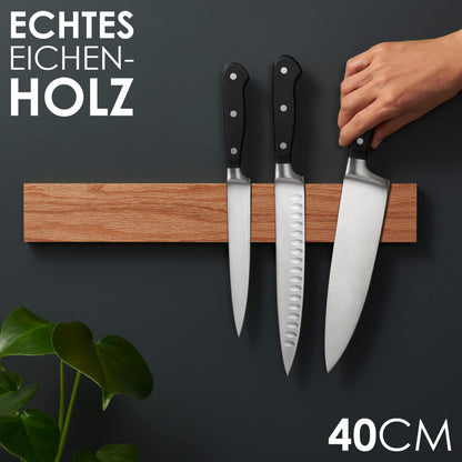LARHN oak wood magnetic knife strip with extra strong magnet - 40 cm - wooden magnetic knife holder for utensils and tools - knives not included