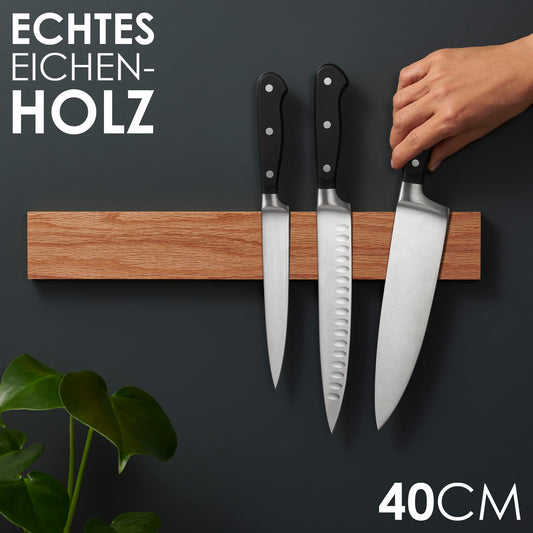 LARHN oak wood magnetic knife strip with extra strong magnet - 40 cm - wooden magnetic knife holder for utensils and tools - knives not included