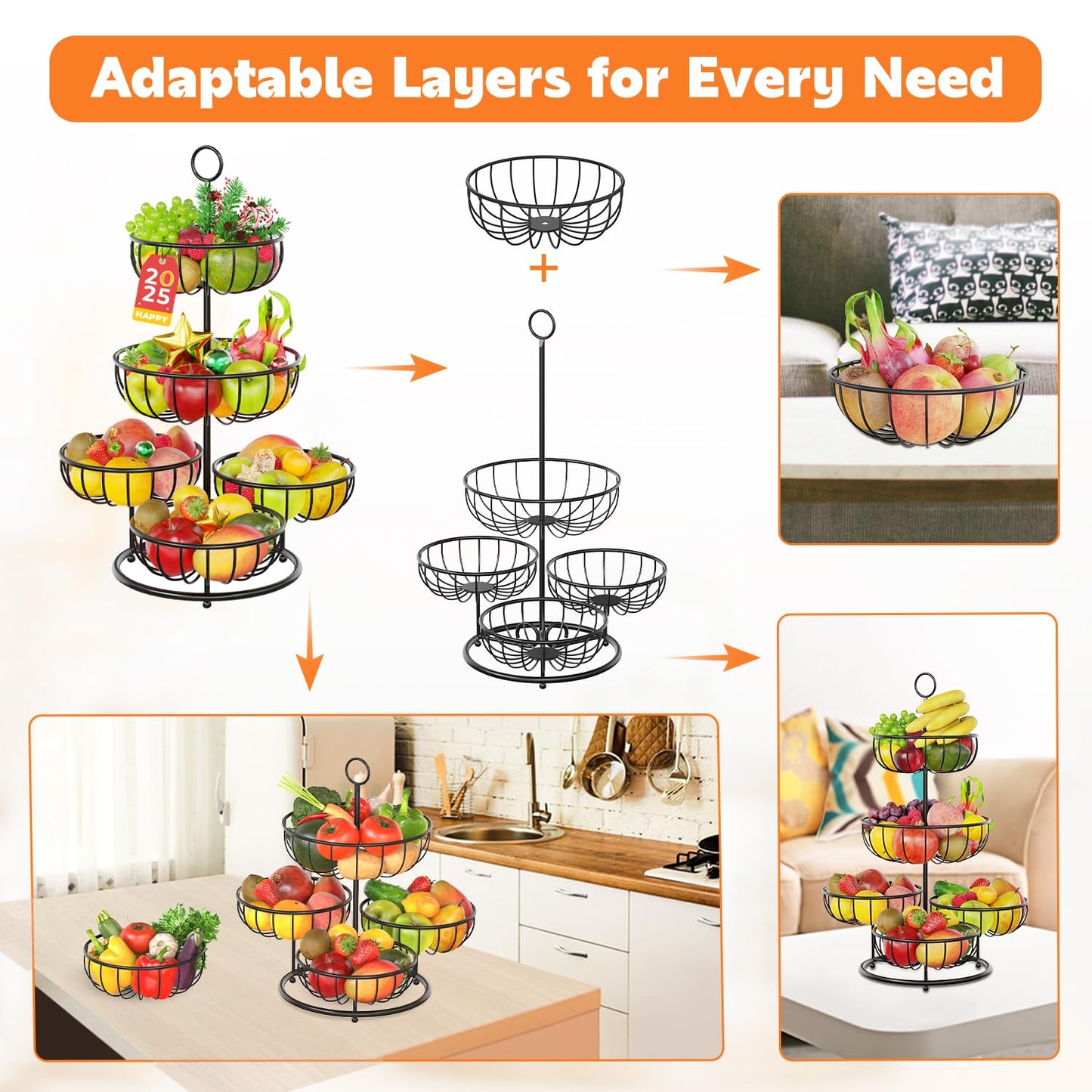 PouHenier.jh 5 floors Black Fruit Basket, Large Multi-layer Kitchen Vegetable Basket, High Metal Fruit Vegetable Stand Storage Fruit Rack, Modern Sturdy Square Fruit Container, Easy Setup